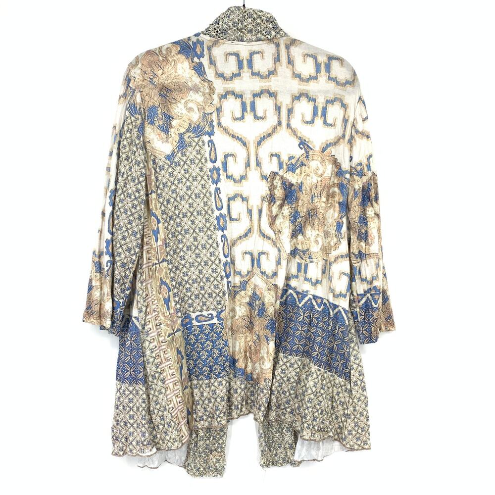 Chicos Open Front Cardigan Sweater Womens Size 2 US L Brown Blue Patterned Knit - Picture 2 of 6